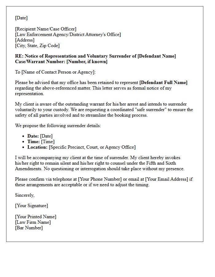 Letter of Representation Regarding the Safe Surrender of a Defendant