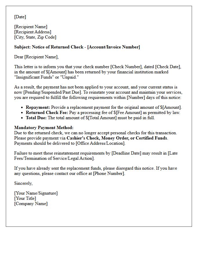 Notice Of Returned Check And Reinstatement Requirements Letter