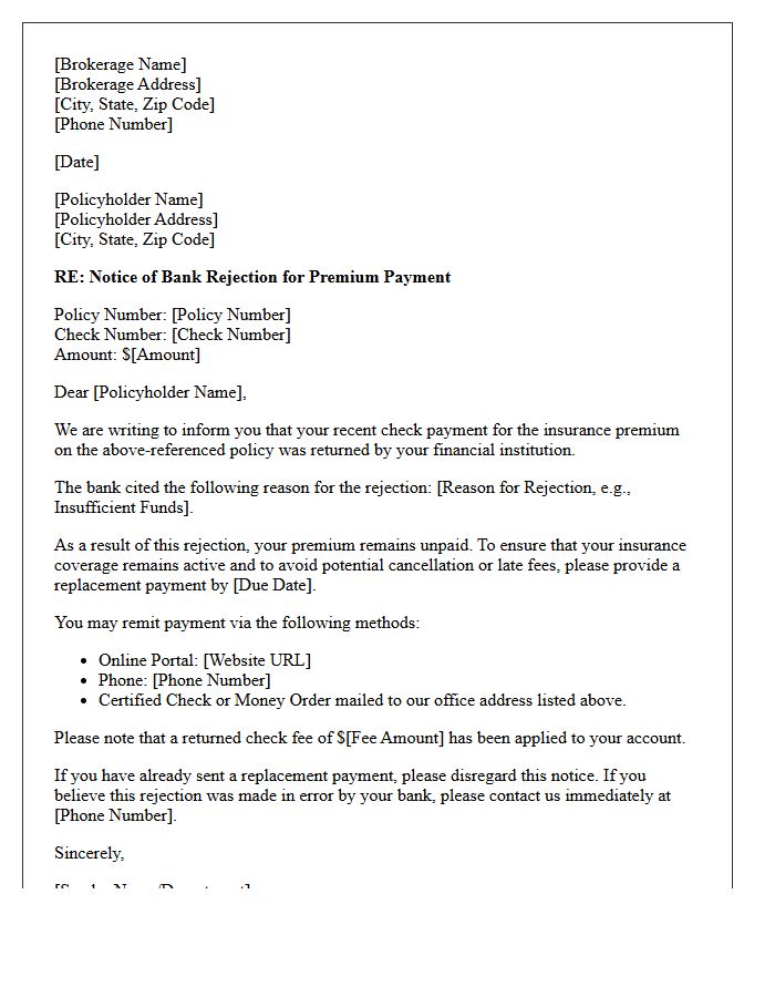 Brokerage Notice Of Bank Rejection For Premium Check Letter