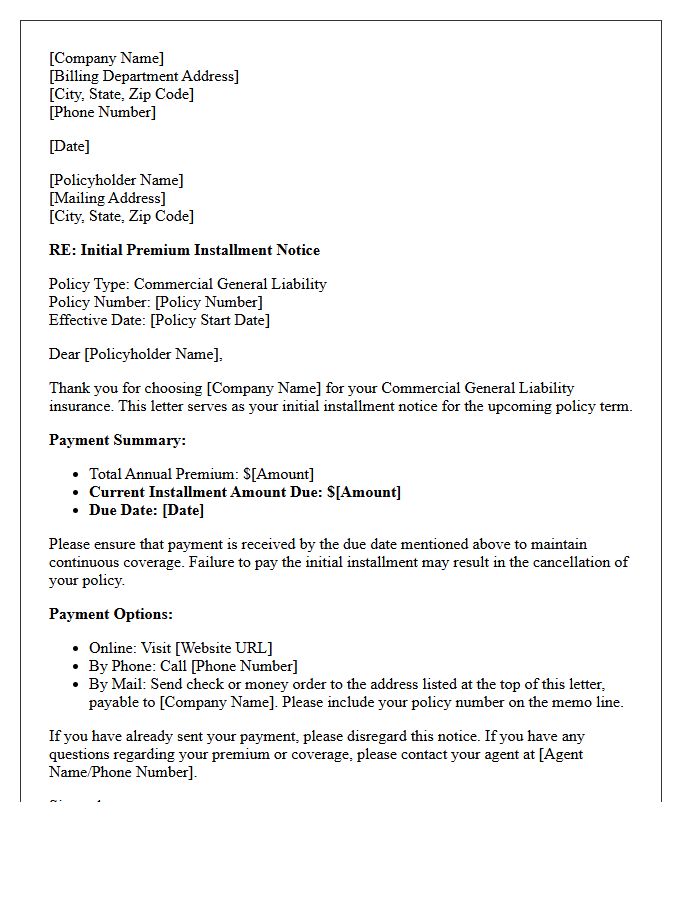 Initial Commercial General Liability Premium Installment Notice Letter