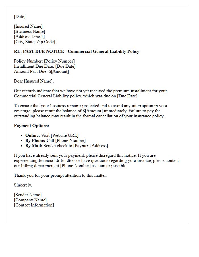 Past Due Commercial General Liability Premium Installment Notice Letter