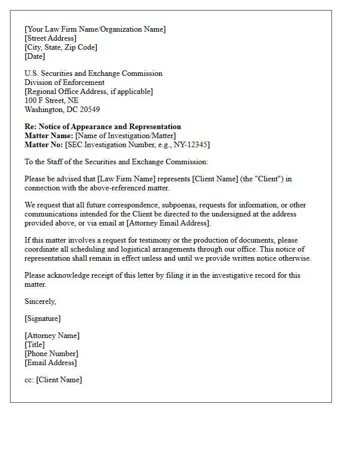 Letter of Representation to the Securities and Exchange Commission