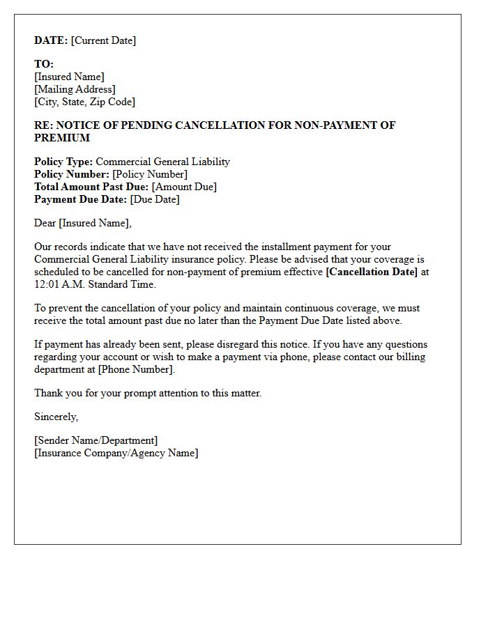 Pending Cancellation Commercial General Liability Premium Installment Notice Letter