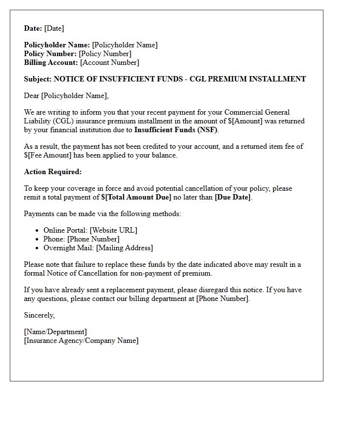 Insufficient Funds Commercial General Liability Premium Installment Notice Letter