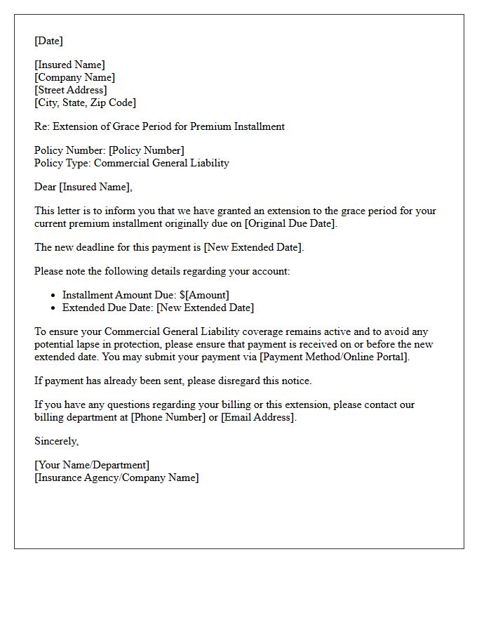 Grace Period Extension Commercial General Liability Premium Installment Notice Letter