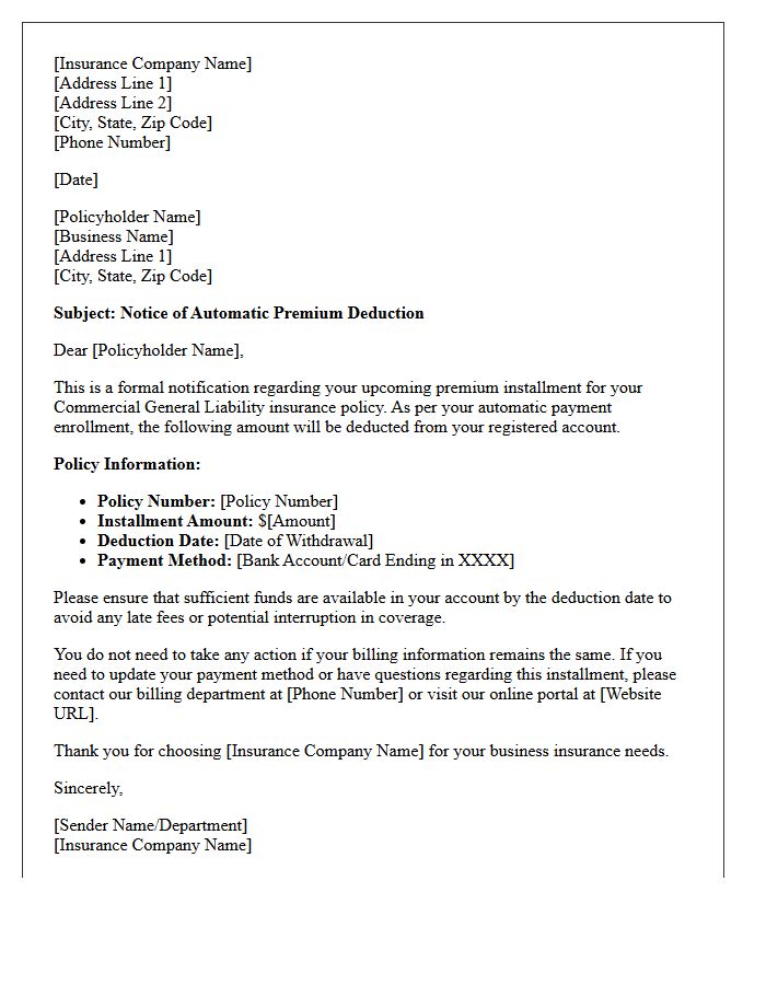 Automatic Deduction Commercial General Liability Premium Installment Notice Letter
