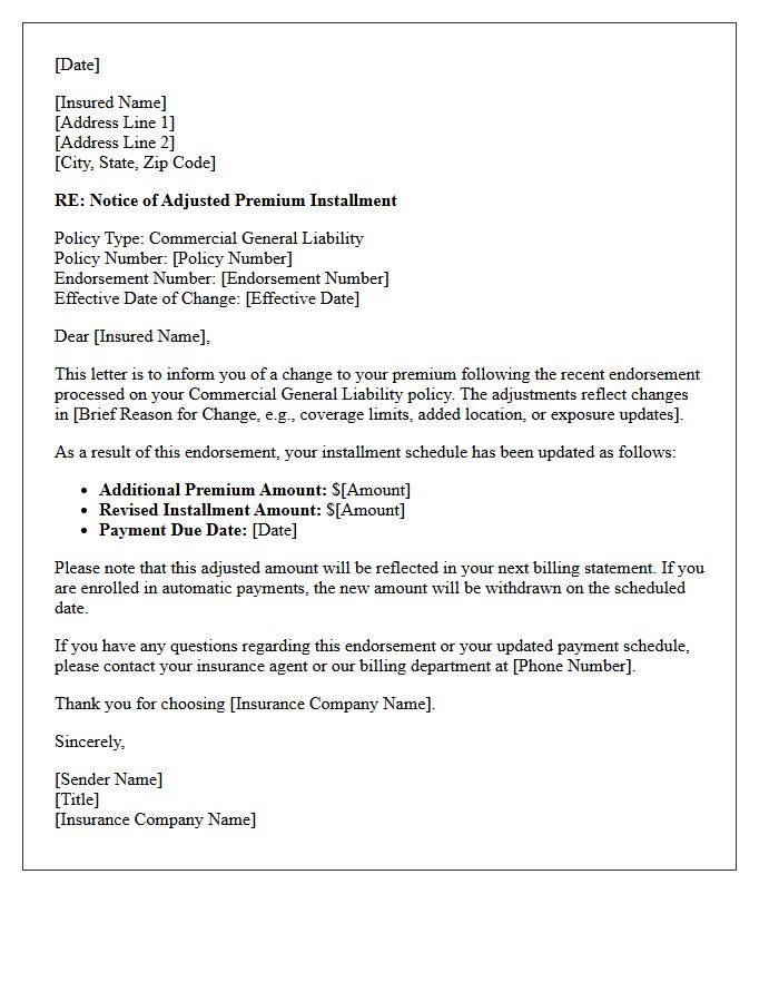 Endorsement Adjusted Commercial General Liability Premium Installment Notice Letter