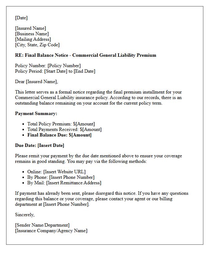 Final Balance Commercial General Liability Premium Installment Notice Letter