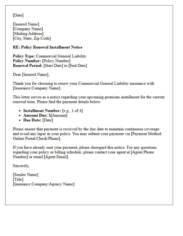 Policy Renewal Commercial General Liability Premium Installment Notice Letter