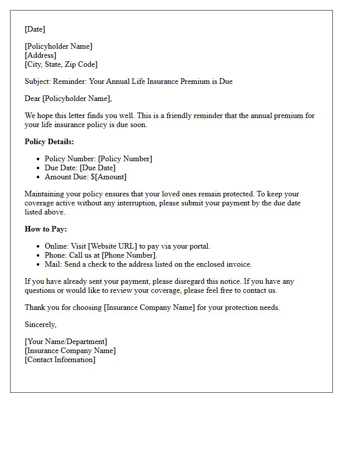 Friendly Annual Life Insurance Premium Reminder Letter