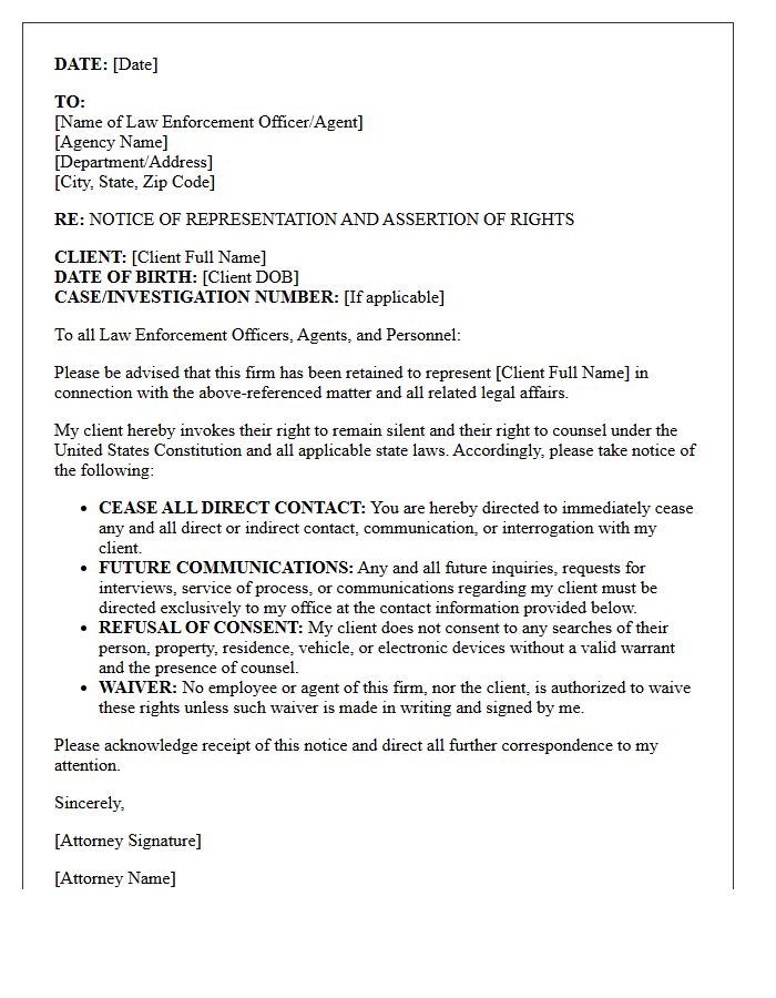 Letter of Representation Directing All Law Enforcement Communications to Counsel