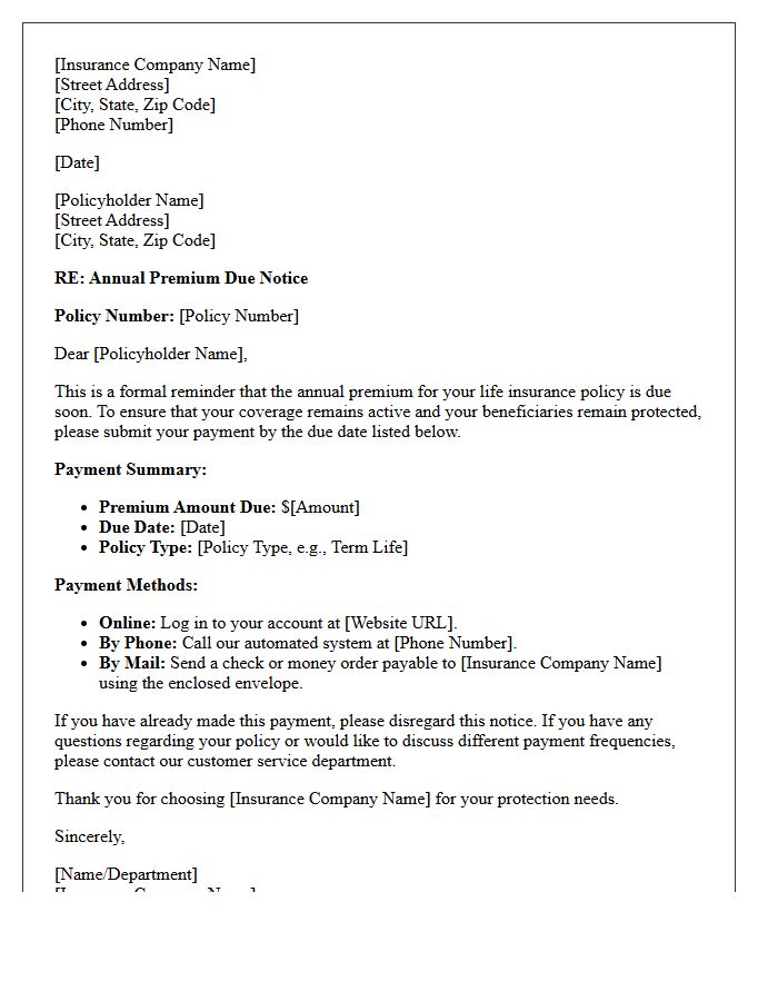 Standard Life Insurance Annual Premium Due Letter