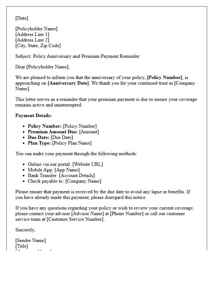 Policy Anniversary and Premium Due Reminder Letter