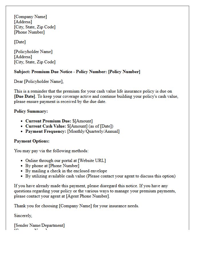 Cash Value Life Insurance Premium Notice Letter