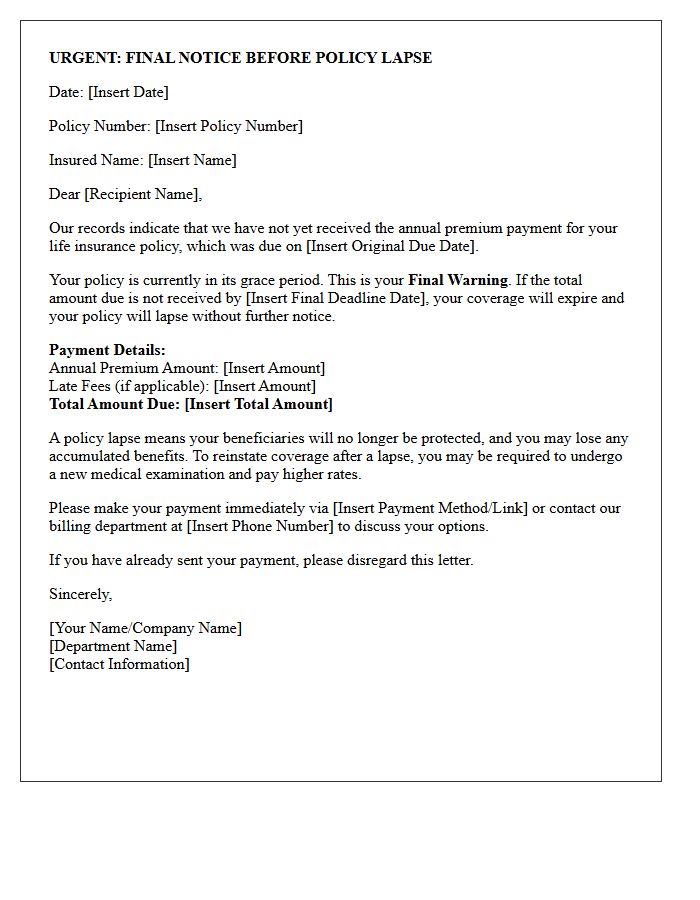 Final Warning Annual Life Insurance Premium Letter
