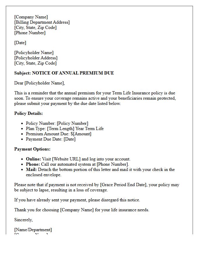 Term Life Insurance Annual Premium Due Letter