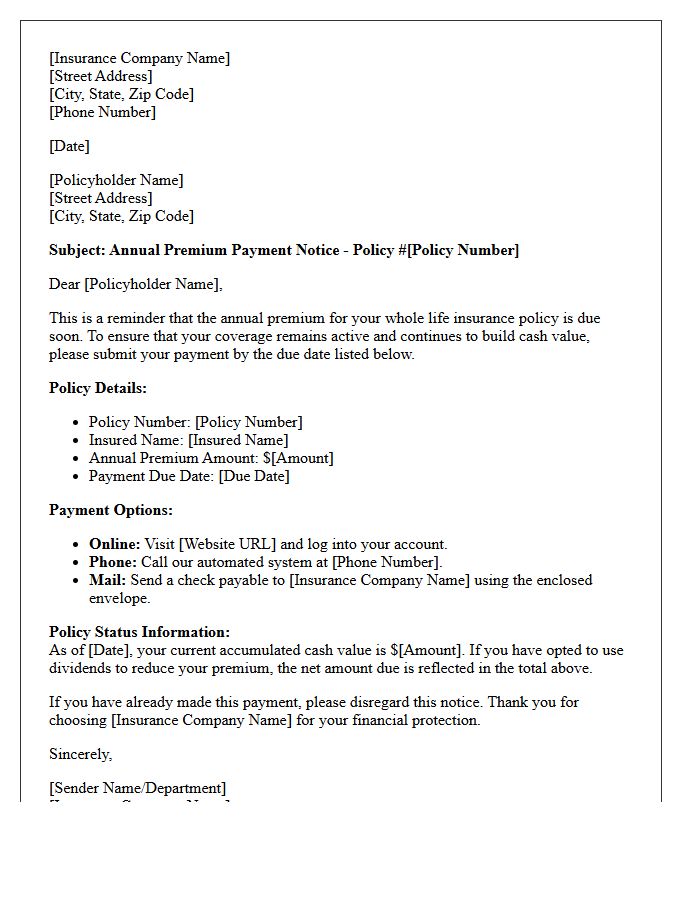 Whole Life Insurance Annual Premium Notice Letter