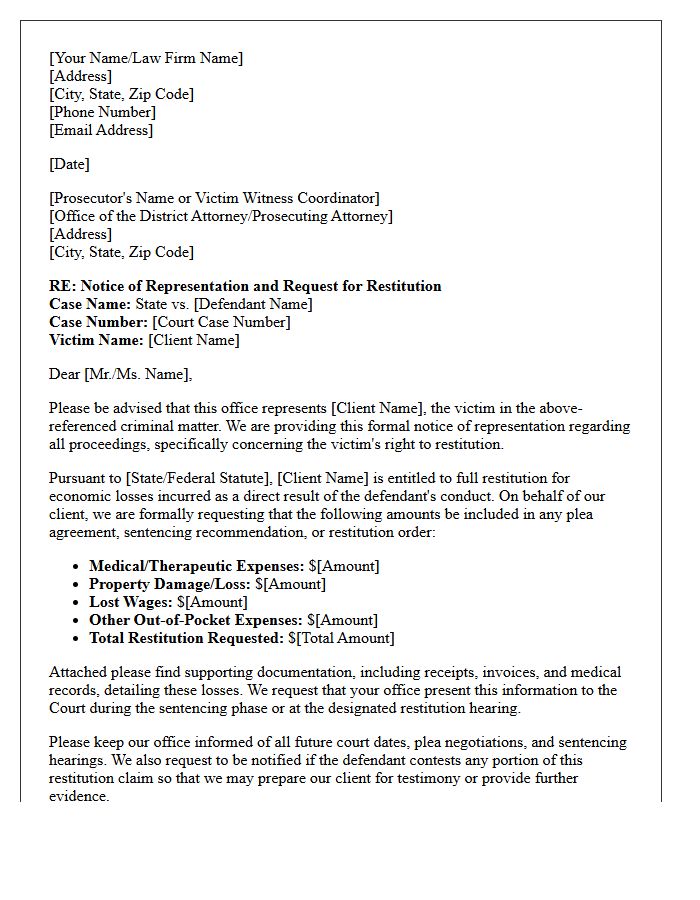 Letter of Representation for a Crime Victim Seeking Restitution
