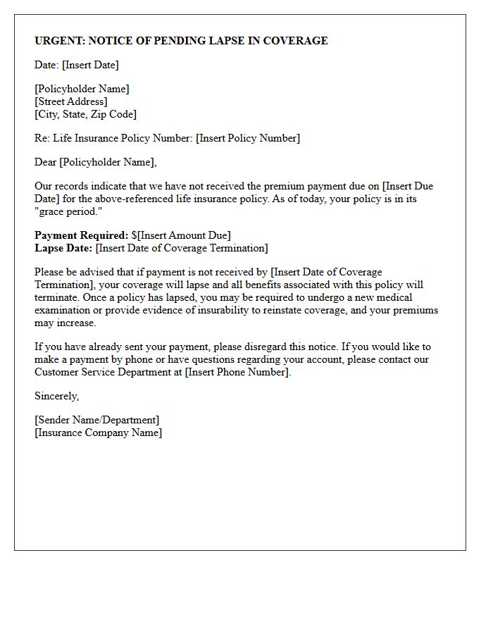 Notice of Pending Lapse in Life Insurance Coverage Letter