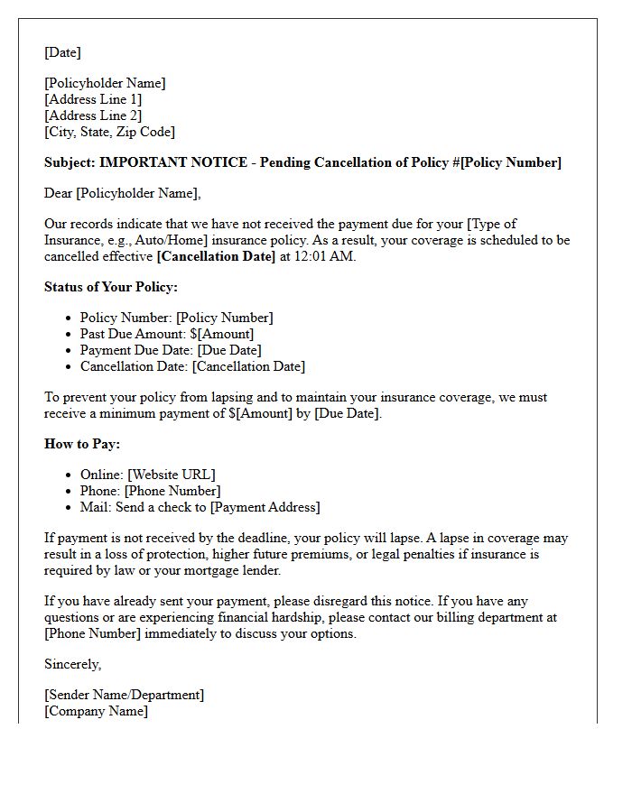Pending Cancellation and Policy Lapse Notification Letter