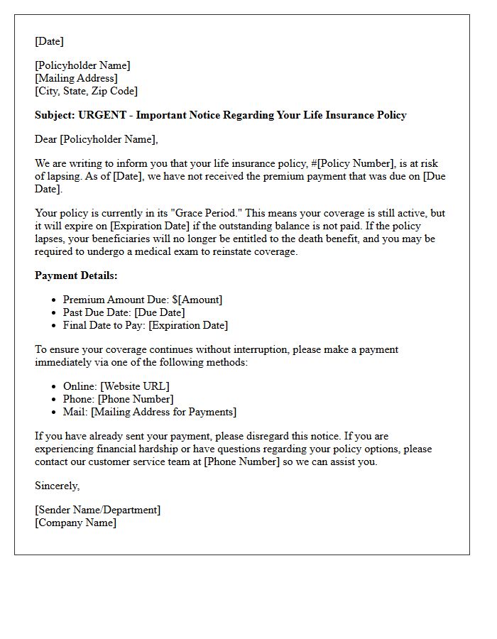 Approaching Lapse in Life Insurance Coverage Letter