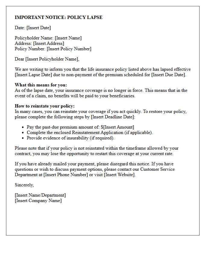 Important Notice of Life Insurance Policy Lapse Letter