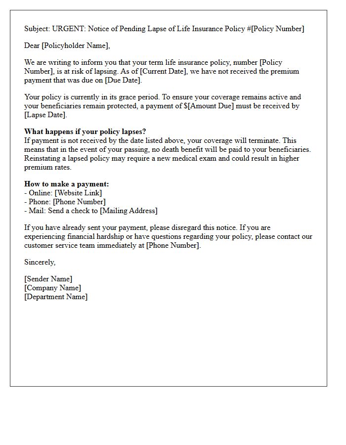Pending Lapse of Term Life Insurance Coverage Letter