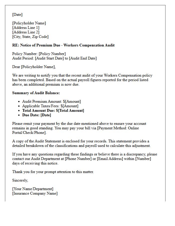Initial Workers Compensation Audit Premium Due Reminder Letter