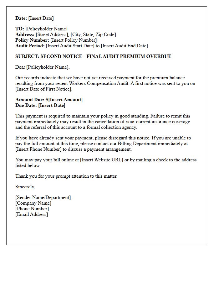 Second Notice Workers Compensation Audit Premium Due Reminder Letter