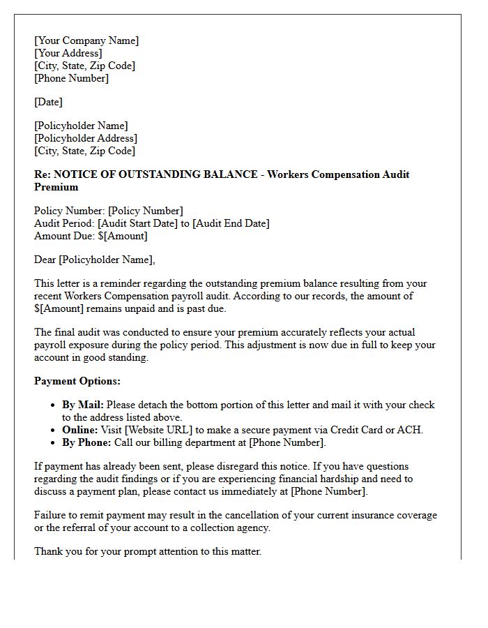 Outstanding Balance Workers Compensation Audit Premium Due Reminder Letter