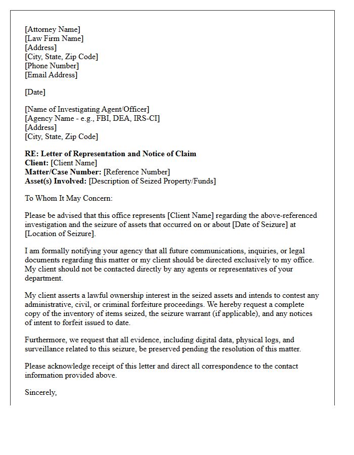 Letter of Representation Regarding an Asset Forfeiture Investigation