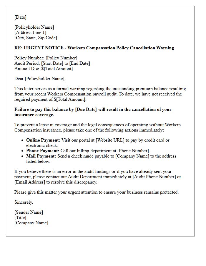 Policy Cancellation Warning Workers Compensation Audit Premium Due Reminder Letter