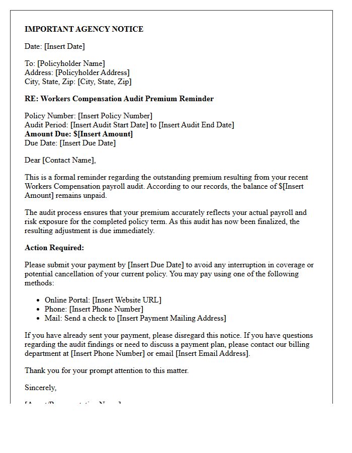 Important Agency Notice Workers Compensation Audit Premium Due Reminder Letter
