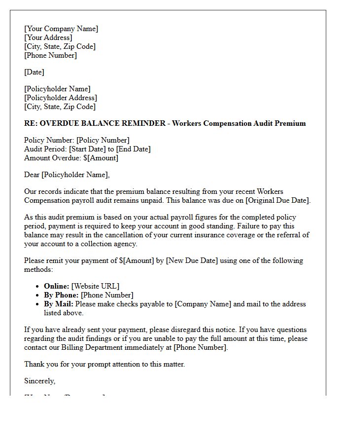 Overdue Balance Workers Compensation Audit Premium Due Reminder Letter