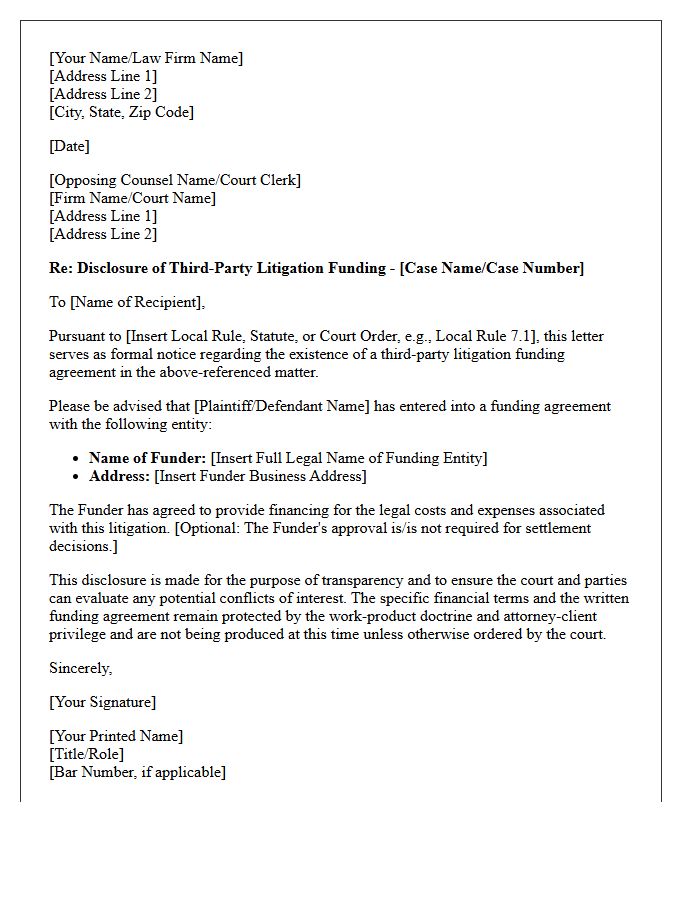 Litigation Funding Disclosure Letter