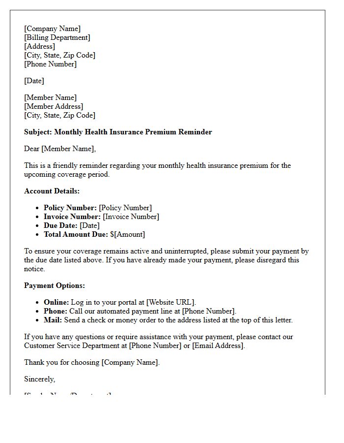 Standard Monthly Health Insurance Premium Reminder Letter