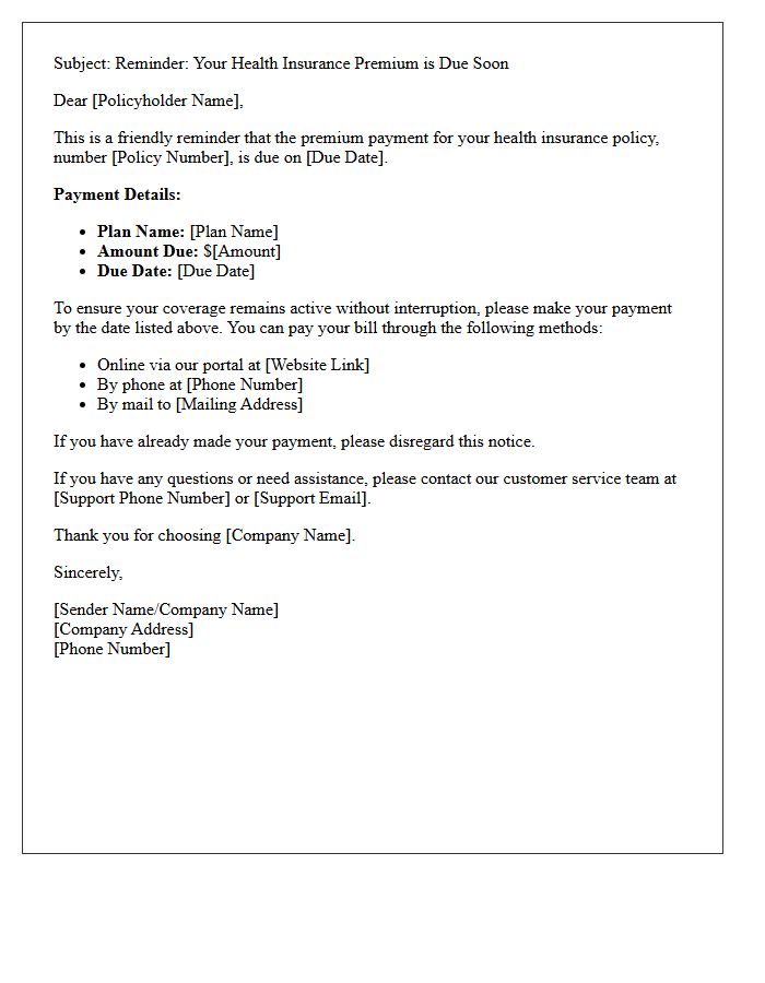 Upcoming Due Date Health Insurance Premium Reminder Letter