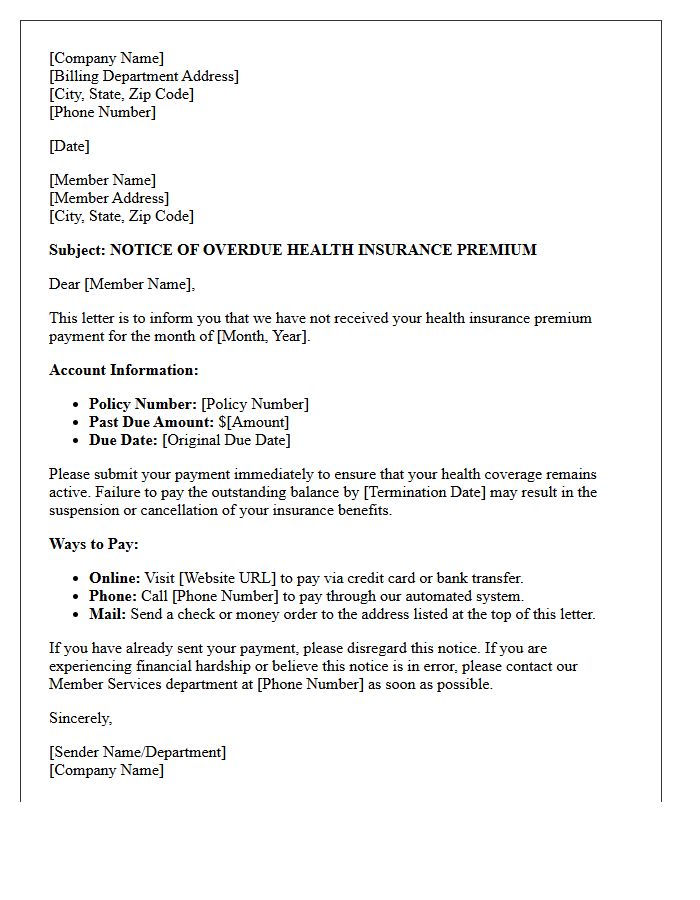 Overdue Monthly Health Insurance Premium Notice Letter