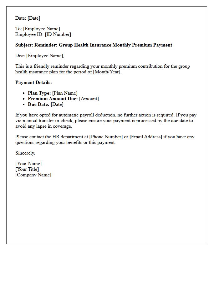 Group Health Insurance Monthly Premium Reminder Letter