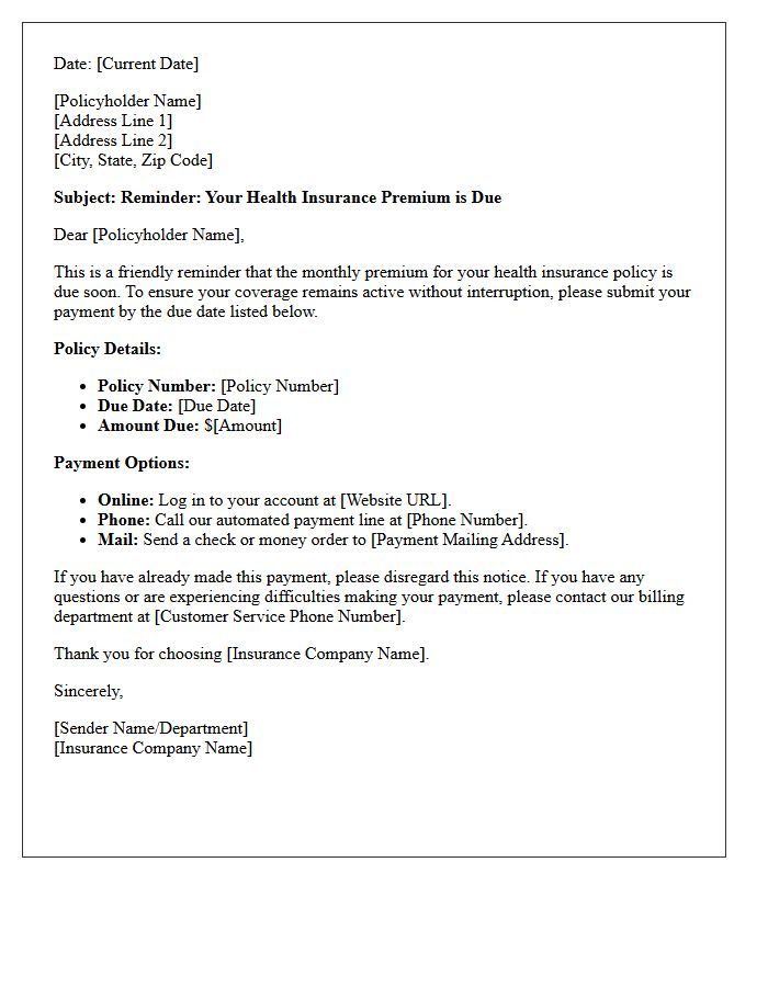 Individual Health Insurance Monthly Premium Reminder Letter