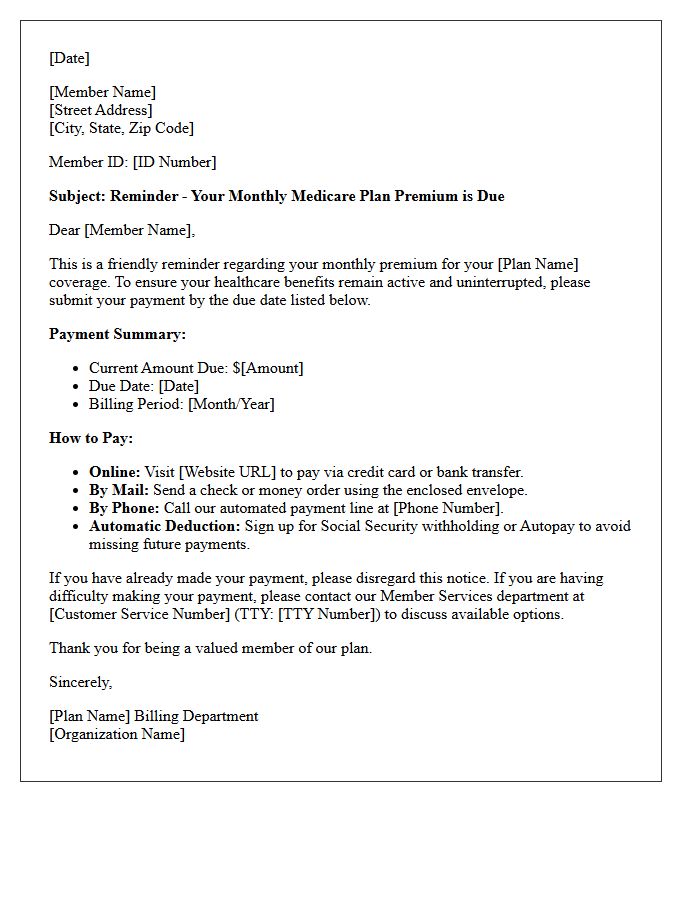 Senior Medicare Plan Monthly Premium Reminder Letter