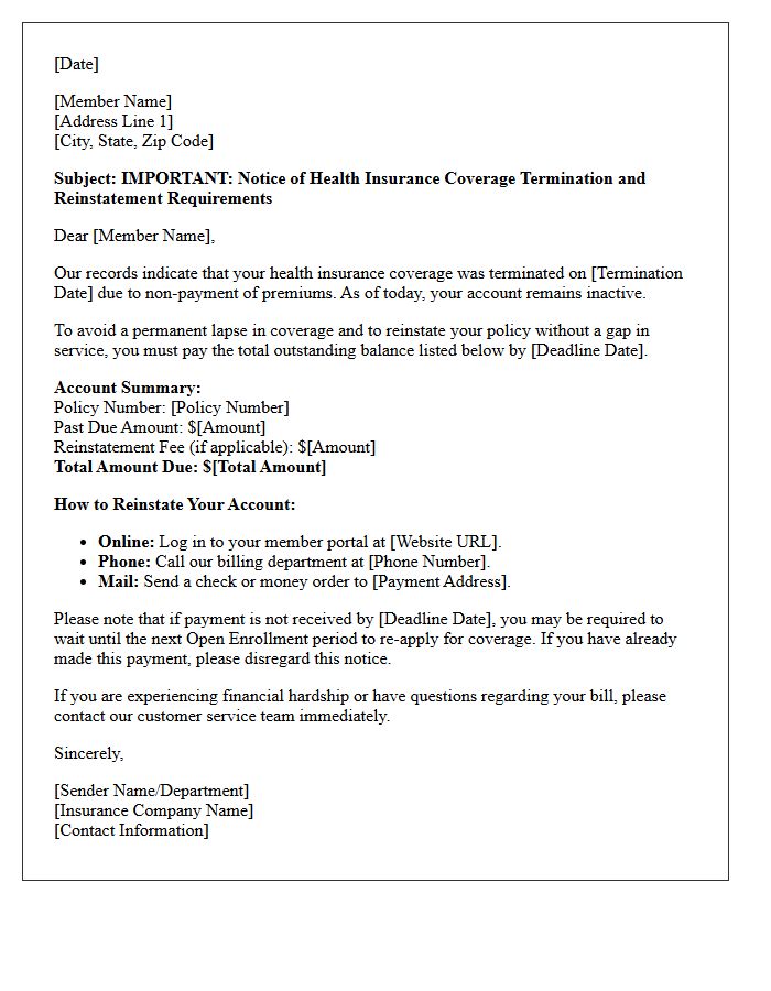 Account Reinstatement Health Insurance Premium Reminder Letter