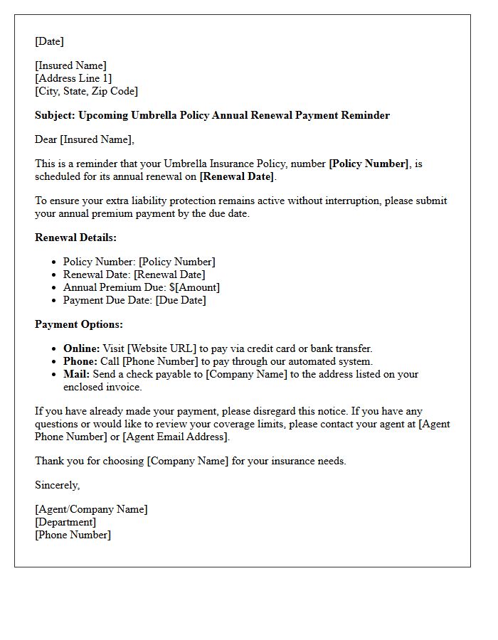 Upcoming Umbrella Policy Annual Renewal Payment Reminder Letter