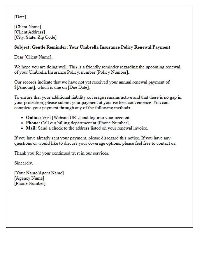Gentle Reminder Letter Regarding Your Umbrella Policy Annual Renewal Payment