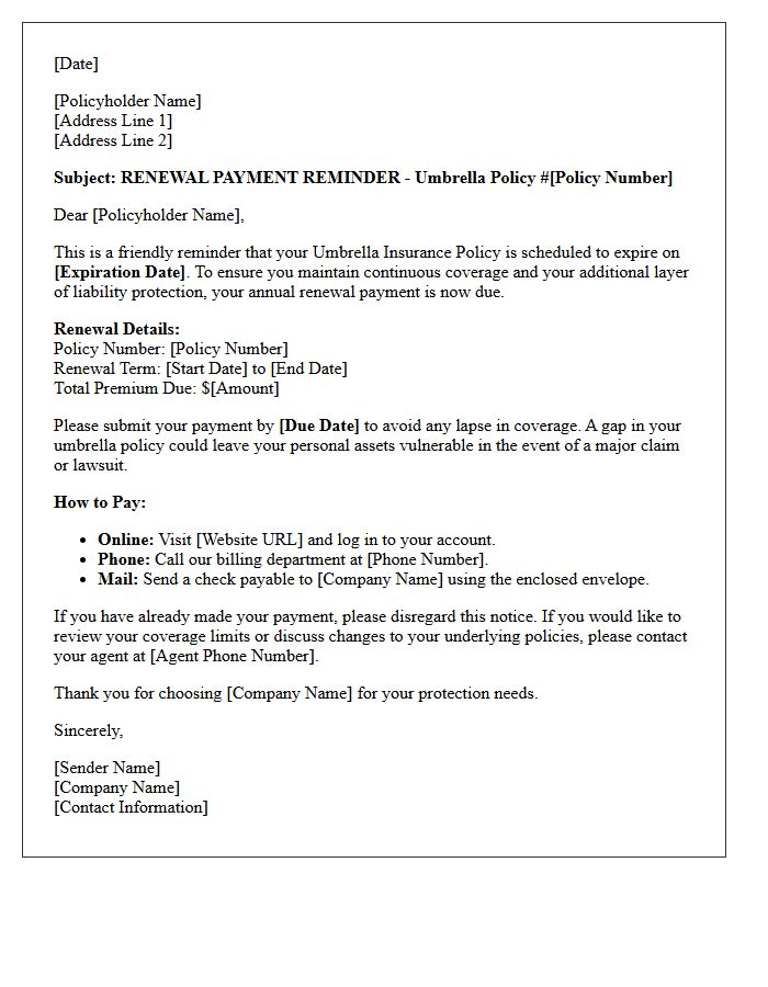 Annual Renewal Payment Reminder Letter to Maintain Continuous Umbrella Coverage
