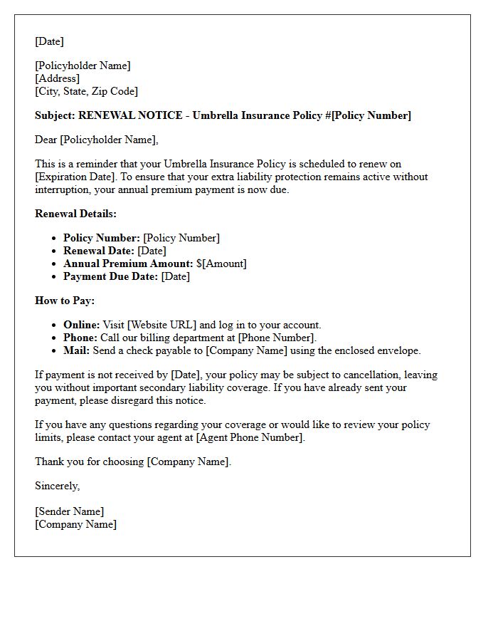 Umbrella Policy Annual Renewal Premium Payment Reminder Letter