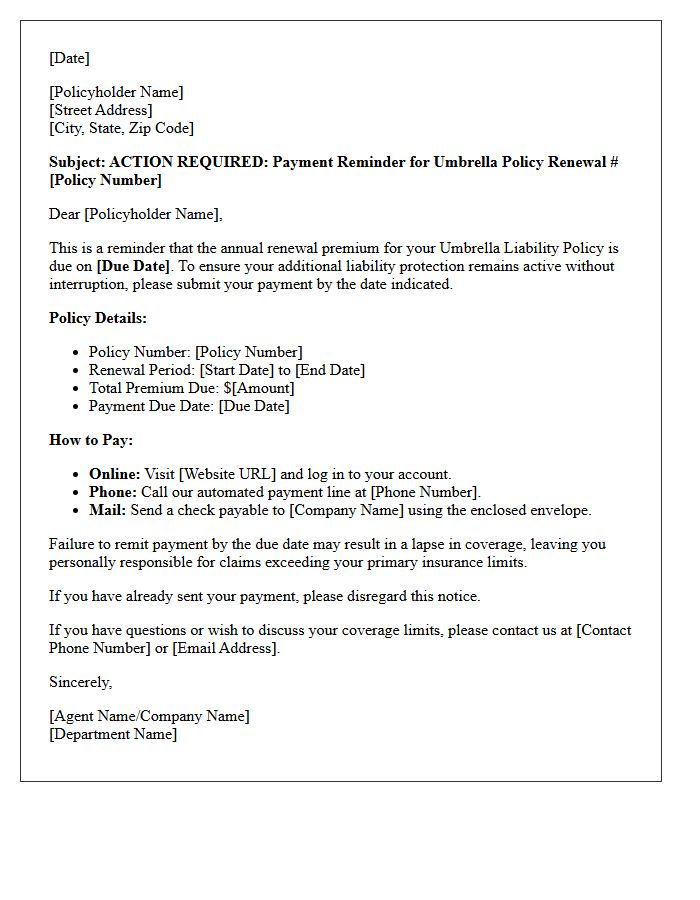 Action Required Payment Reminder Letter for Annual Umbrella Policy Renewal