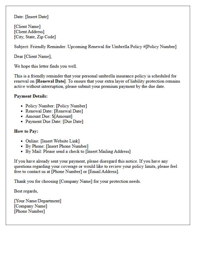 Friendly Payment Reminder Letter for Your Upcoming Umbrella Policy Renewal