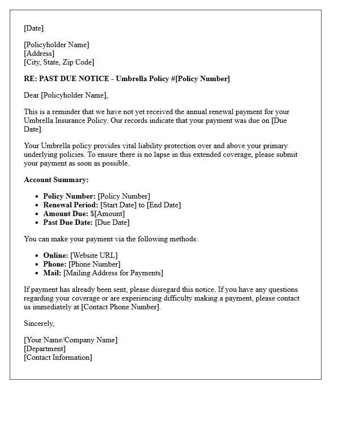 Past Due Annual Renewal Payment Reminder Letter for Umbrella Policy
