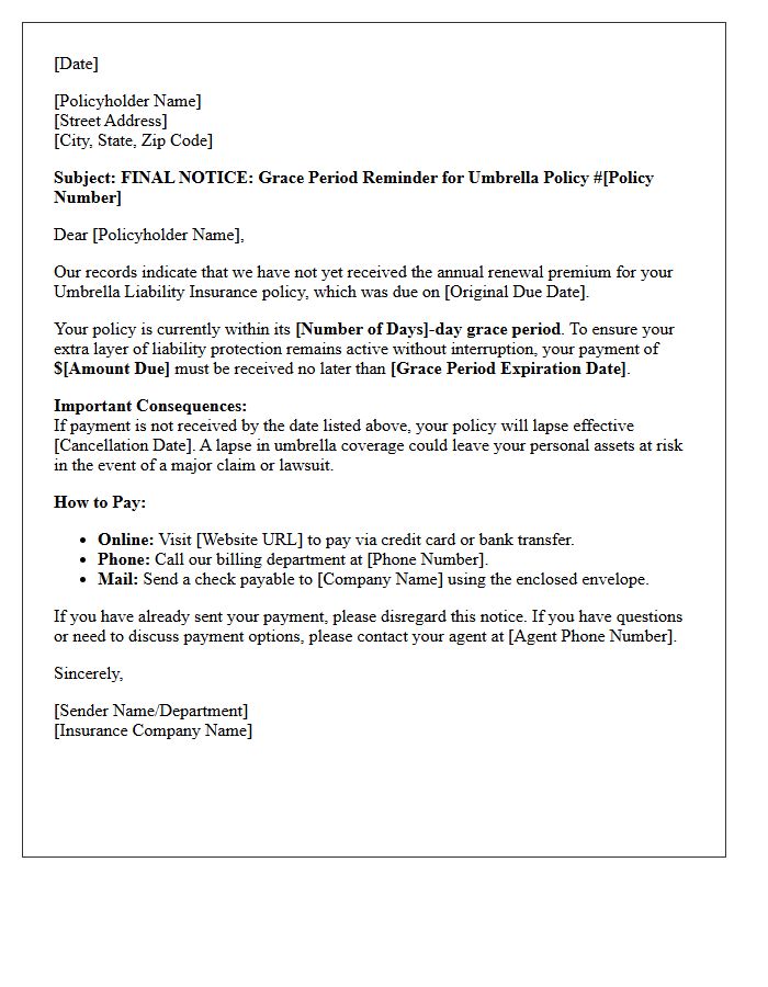 Grace Period Payment Reminder Letter for Umbrella Policy Annual Renewal